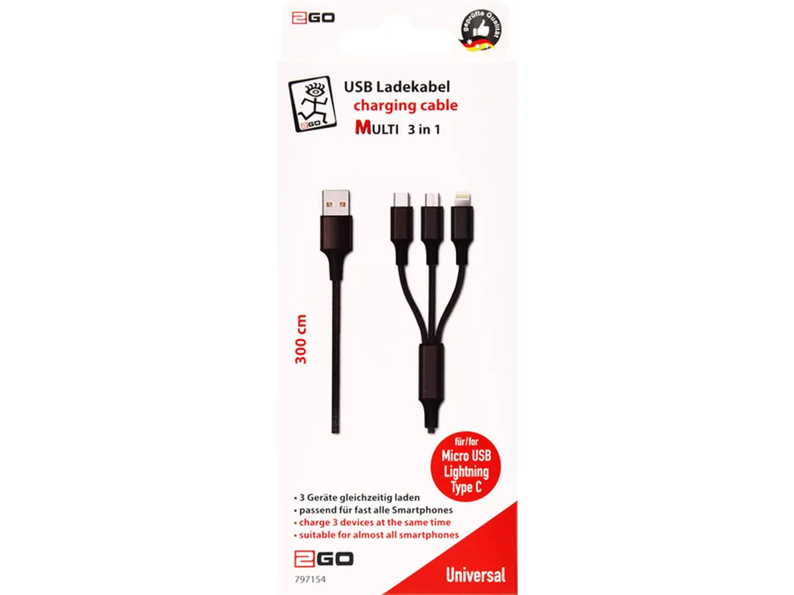 USB Ladekabel 3 in 1, schwarz, 3m